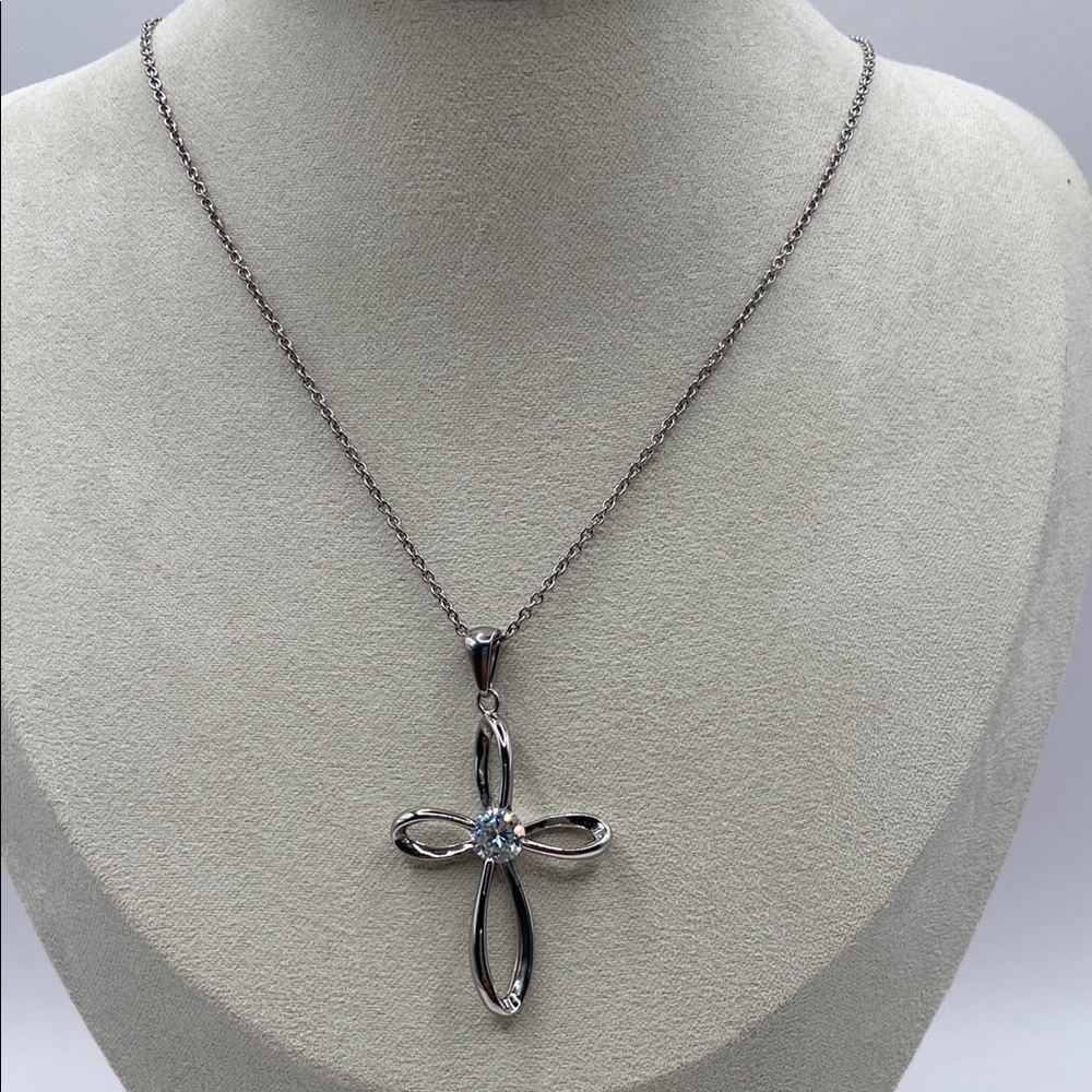 JCM Stainless Steel Cross Pendant Crystal Necklace 18”L